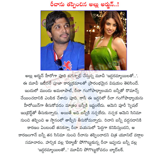 richa gangopadhyay,iddarammayilatho movie,richa gangopadhyay out from iddarammayilatho movie,reason of richa out from iddarammayilatho,allu arjun,tapsi,puri jagannadh,amala paul,richa gangopadhyay actress,biryani movie,hansika  richa gangopadhyay, iddarammayilatho movie, richa gangopadhyay out from iddarammayilatho movie, reason of richa out from iddarammayilatho, allu arjun, tapsi, puri jagannadh, amala paul, richa gangopadhyay actress, biryani movie, hansika